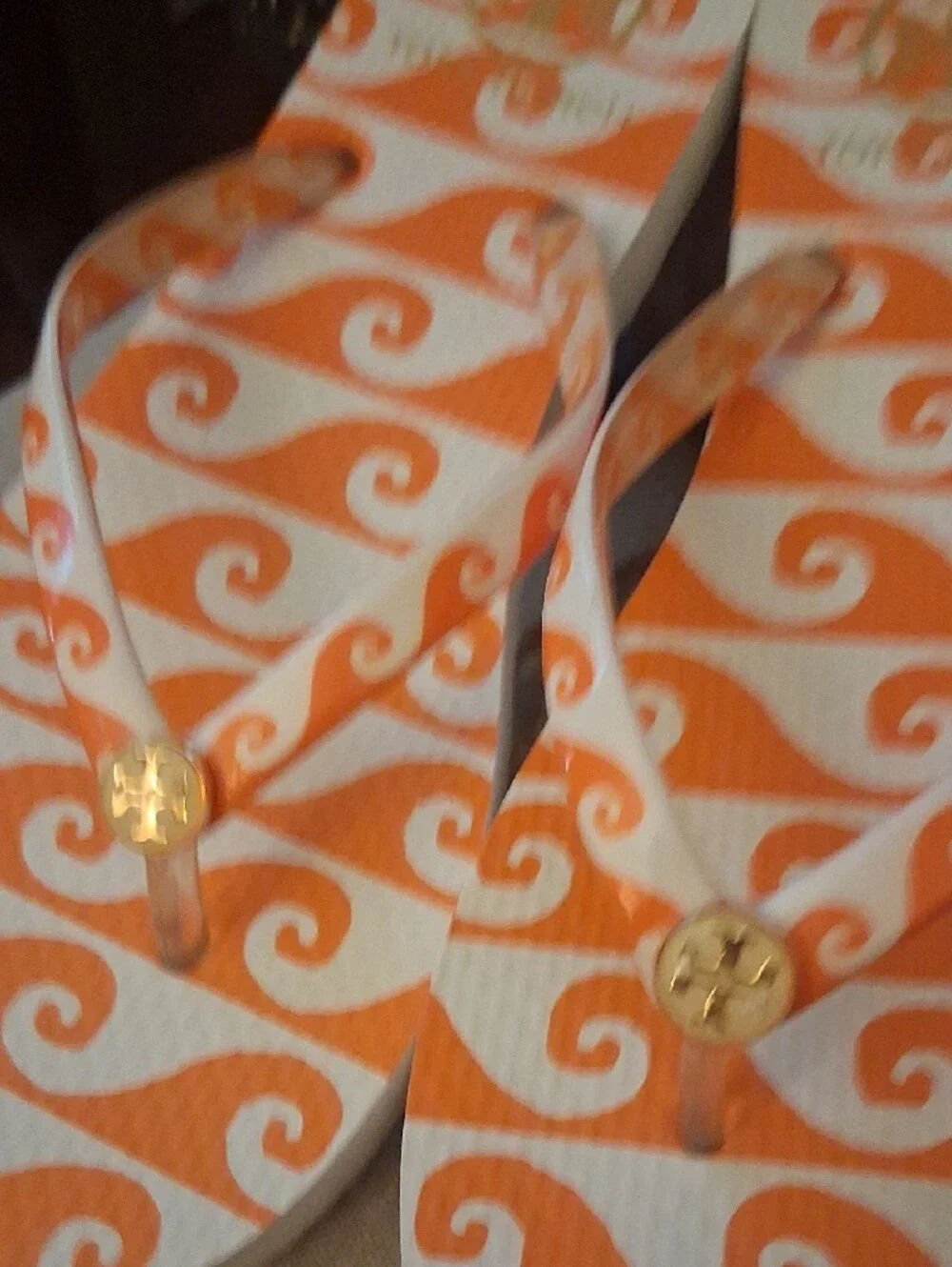 Tory Burch Orange & White Wave Flip Flop Sandals with Gold Logo